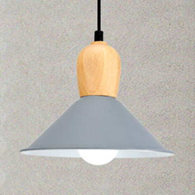 Metal Cone Pendant Light with Wooden Bulb Base 1 Head Nordic Style Hanging Light for Office Grey Clearhalo 'Ceiling Lights' 'Modern Pendants' 'Modern' 'Pendant Lights' 'Pendants' Lighting' 126848