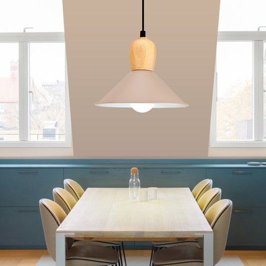 Metal Cone Pendant Light with Wooden Bulb Base 1 Head Nordic Style Hanging Light for Office Clearhalo 'Ceiling Lights' 'Modern Pendants' 'Modern' 'Pendant Lights' 'Pendants' Lighting' 126849