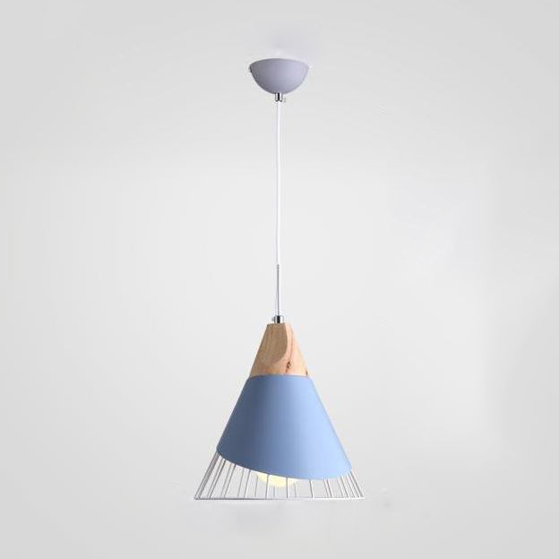 Conical Bedroom Stairway Pendant Light Metal One Light Nordic Stylish Hanging Lamp in Blue/Green/Yellow with Iron Wire Blue Clearhalo 'Ceiling Lights' 'Modern Pendants' 'Modern' 'Pendant Lights' 'Pendants' Lighting' 126893