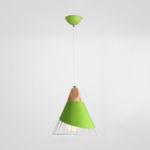 Conical Bedroom Stairway Pendant Light Metal One Light Nordic Stylish Hanging Lamp in Blue/Green/Yellow with Iron Wire Green Clearhalo 'Ceiling Lights' 'Modern Pendants' 'Modern' 'Pendant Lights' 'Pendants' Lighting' 126894