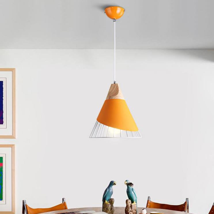 Conical Bedroom Stairway Pendant Light Metal One Light Nordic Stylish Hanging Lamp in Blue/Green/Yellow with Iron Wire Clearhalo 'Ceiling Lights' 'Modern Pendants' 'Modern' 'Pendant Lights' 'Pendants' Lighting' 126895