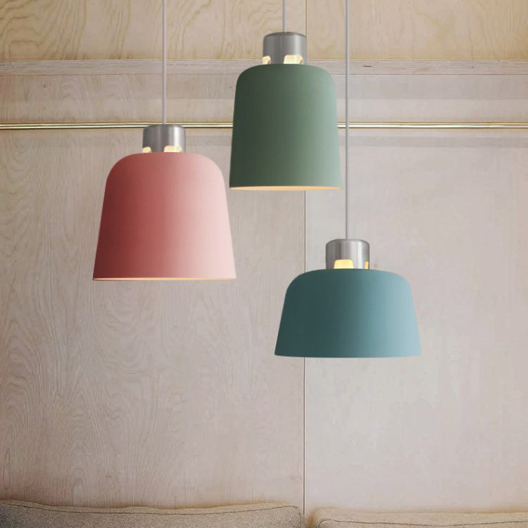 Metal Bucket Shade Hanging Light Single Light Nordic Pendant Lighting in Blue/Green/Pink for Restaurant Dining Room Clearhalo 'Ceiling Lights' 'Modern Pendants' 'Modern' 'Pendant Lights' 'Pendants' Lighting' 126965