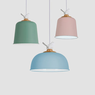 Macaron Stylish Suspension Light with Little Bird Single Bulb 10/12 Inch Wide Metallic Pendant Lamp for Kid Bedroom Clearhalo 'Ceiling Lights' 'Modern Pendants' 'Modern' 'Pendant Lights' 'Pendants' Lighting' 127114