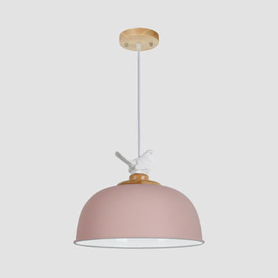 Macaron Stylish Suspension Light with Little Bird Single Bulb 10/12 Inch Wide Metallic Pendant Lamp for Kid Bedroom Pink 12" Clearhalo 'Ceiling Lights' 'Modern Pendants' 'Modern' 'Pendant Lights' 'Pendants' Lighting' 127115