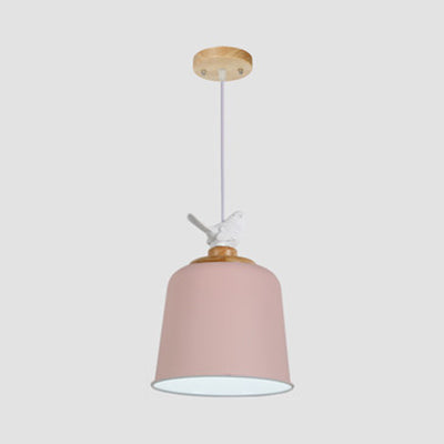 Macaron Stylish Suspension Light with Little Bird Single Bulb 10/12 Inch Wide Metallic Pendant Lamp for Kid Bedroom Pink 10" Clearhalo 'Ceiling Lights' 'Modern Pendants' 'Modern' 'Pendant Lights' 'Pendants' Lighting' 127116