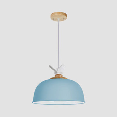 Macaron Stylish Suspension Light with Little Bird Single Bulb 10/12 Inch Wide Metallic Pendant Lamp for Kid Bedroom Blue 12" Clearhalo 'Ceiling Lights' 'Modern Pendants' 'Modern' 'Pendant Lights' 'Pendants' Lighting' 127117