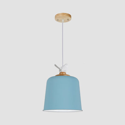 Macaron Stylish Suspension Light with Little Bird Single Bulb 10/12 Inch Wide Metallic Pendant Lamp for Kid Bedroom Blue 10" Clearhalo 'Ceiling Lights' 'Modern Pendants' 'Modern' 'Pendant Lights' 'Pendants' Lighting' 127118