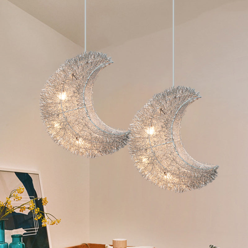 Art Decor Crescent Hanging Lamp 3-Bulb Aluminum LED Ceiling Lighting for Bedroom in Silver Silver Clearhalo 'Ceiling Lights' 'Pendant Lights' 'Pendants' Lighting' 1272277_2a3334bf-0ee5-49ab-b42e-3633c83471a9