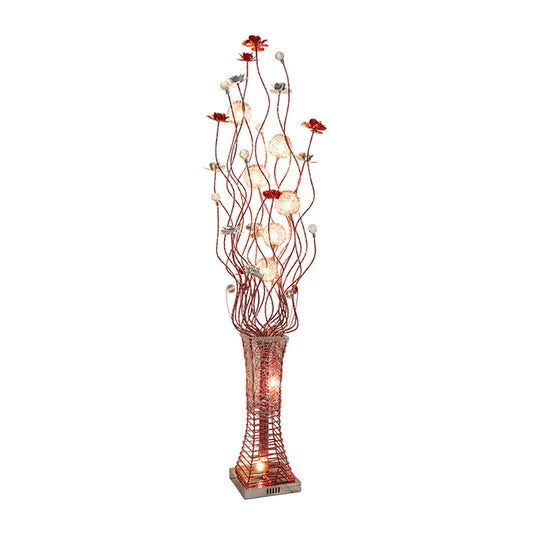 Metallic Red Floret Floor Lighting Trapezoid LED Art Decor Stand Up Lamp with Tree Branch Design Clearhalo 'Floor Lamps' 'Lamps' Lighting' 1272335