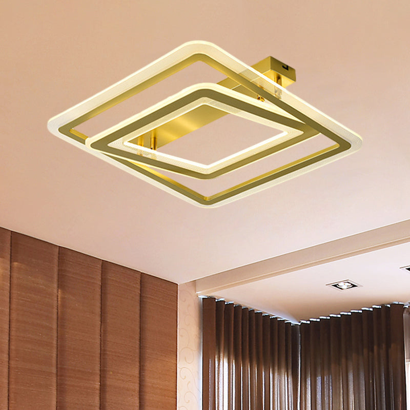 16"/19.5" W Square Frame Flush Mount Lamp Simplicity Metal LED Bedroom Semi Flush Light Fixture in Gold Gold Clearhalo 'Ceiling Lights' 'Close To Ceiling Lights' 'Close to ceiling' 'Semi-flushmount' Lighting' 1272534