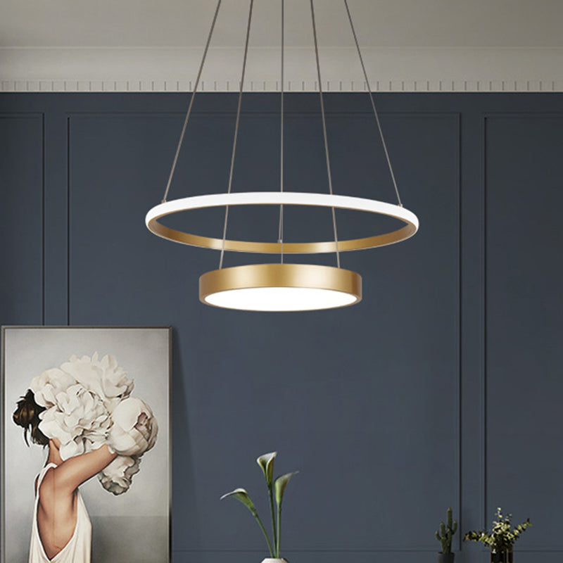 Iron 2-Tier Circular Ceiling Lamp Tiffany Black/Gold LED Hanging Chandelier for Dining Room, Warm/White Light Gold Clearhalo 'Ceiling Lights' 'Chandeliers' 'Modern Chandeliers' 'Modern' Lighting' 1272621