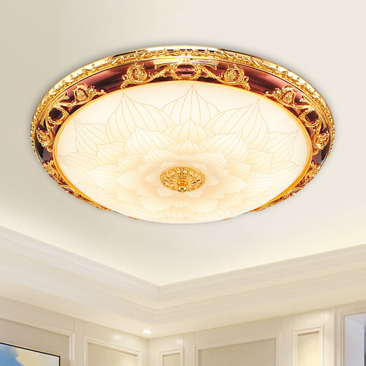 Gold LED Flush Ceiling Light Vintage Frosted Glass Bowl Flushmount Lighting with Blossom Pattern, 12.5"/15"/19" Width Gold Clearhalo 'Ceiling Lights' 'Close To Ceiling Lights' 'Close to ceiling' 'Flush mount' Lighting' 1272642