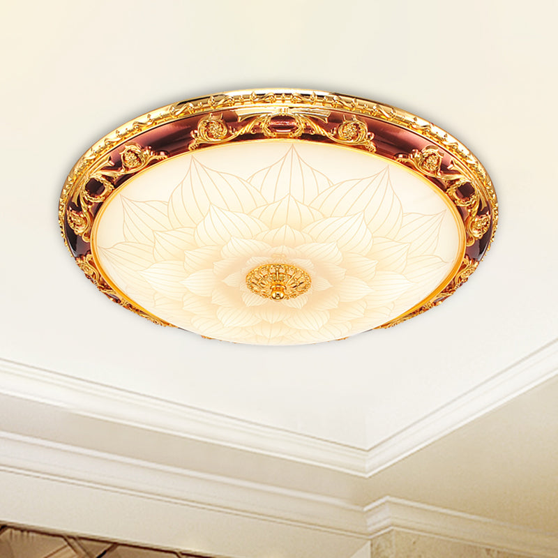 Gold LED Flush Ceiling Light Vintage Frosted Glass Bowl Flushmount Lighting with Blossom Pattern, 12.5"/15"/19" Width Clearhalo 'Ceiling Lights' 'Close To Ceiling Lights' 'Close to ceiling' 'Flush mount' Lighting' 1272643