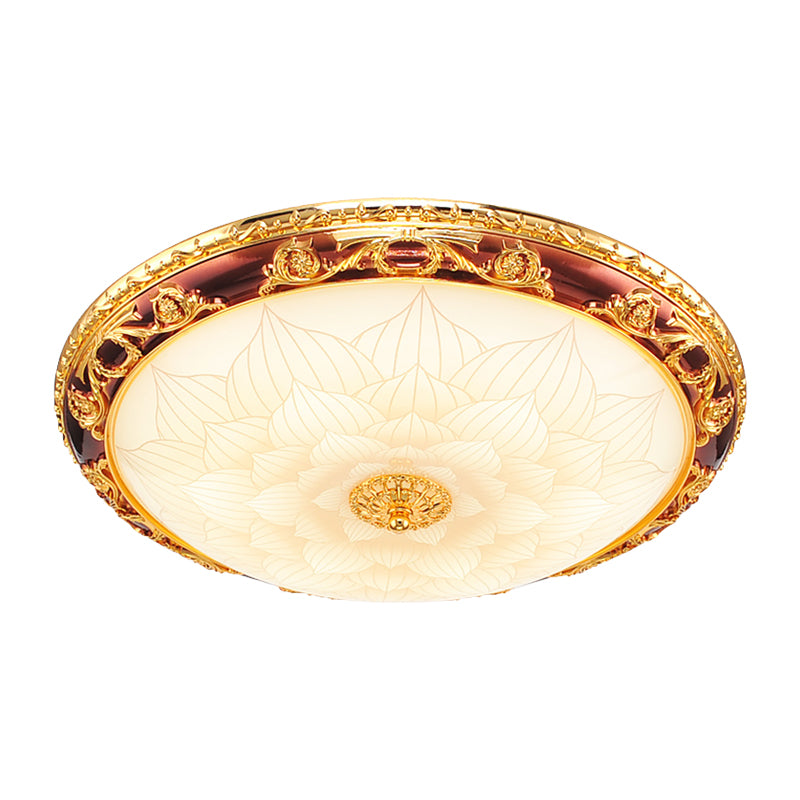 Gold LED Flush Ceiling Light Vintage Frosted Glass Bowl Flushmount Lighting with Blossom Pattern, 12.5"/15"/19" Width Clearhalo 'Ceiling Lights' 'Close To Ceiling Lights' 'Close to ceiling' 'Flush mount' Lighting' 1272644