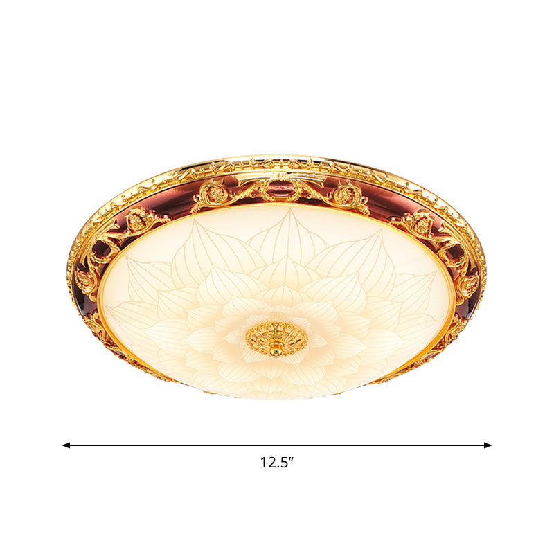 Gold LED Flush Ceiling Light Vintage Frosted Glass Bowl Flushmount Lighting with Blossom Pattern, 12.5"/15"/19" Width Clearhalo 'Ceiling Lights' 'Close To Ceiling Lights' 'Close to ceiling' 'Flush mount' Lighting' 1272645