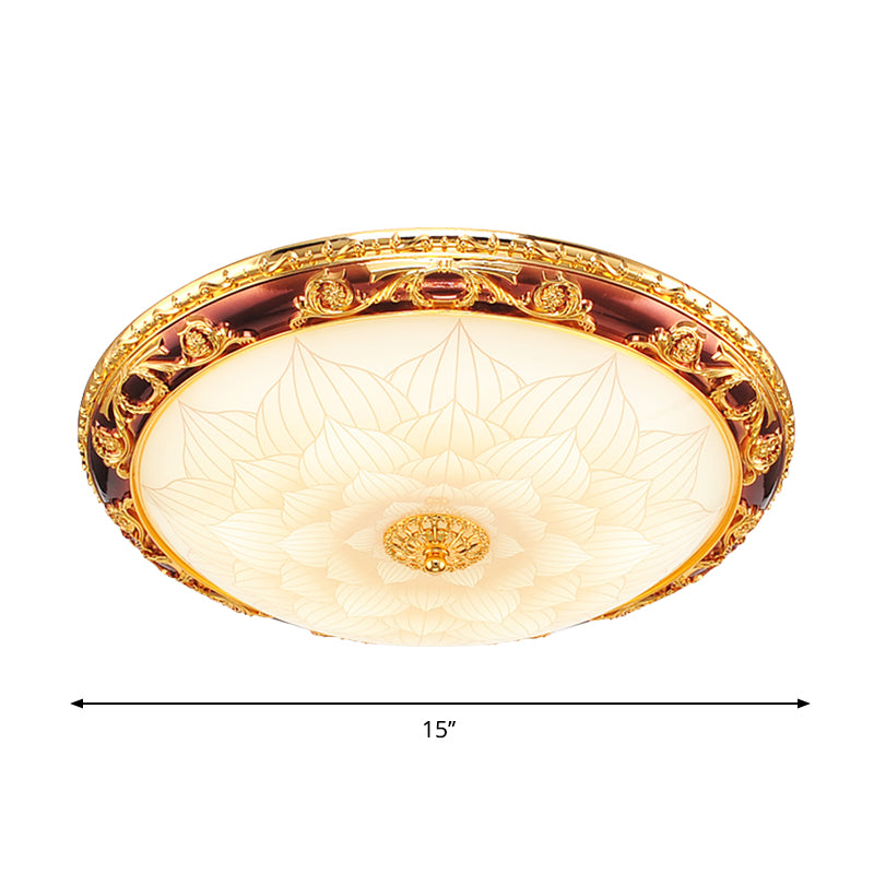 Gold LED Flush Ceiling Light Vintage Frosted Glass Bowl Flushmount Lighting with Blossom Pattern, 12.5"/15"/19" Width Clearhalo 'Ceiling Lights' 'Close To Ceiling Lights' 'Close to ceiling' 'Flush mount' Lighting' 1272646