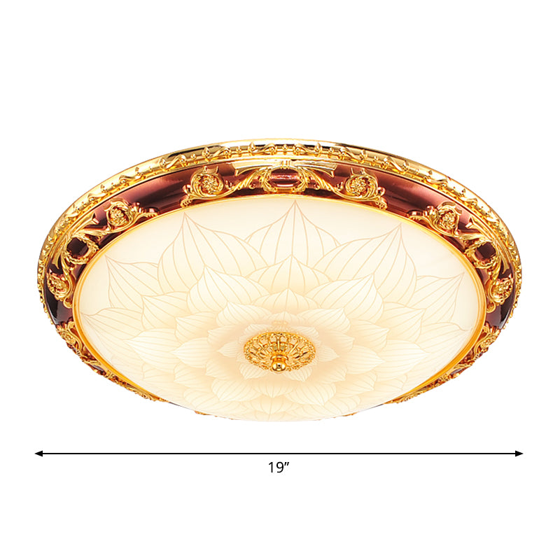 Gold LED Flush Ceiling Light Vintage Frosted Glass Bowl Flushmount Lighting with Blossom Pattern, 12.5"/15"/19" Width Clearhalo 'Ceiling Lights' 'Close To Ceiling Lights' 'Close to ceiling' 'Flush mount' Lighting' 1272647