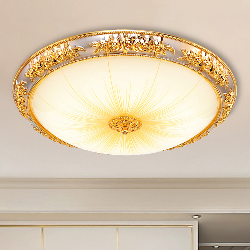 Bowl Living Room Flush Light Antique Opal Glass Gold 12.5"/19" W LED Flush Mounted Ceiling Light with Embossed Rose Trim Gold Clearhalo 'Ceiling Lights' 'Close To Ceiling Lights' 'Close to ceiling' 'Flush mount' Lighting' 1272648