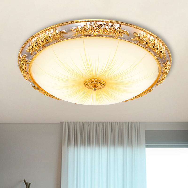 Bowl Living Room Flush Light Antique Opal Glass Gold 12.5"/19" W LED Flush Mounted Ceiling Light with Embossed Rose Trim Clearhalo 'Ceiling Lights' 'Close To Ceiling Lights' 'Close to ceiling' 'Flush mount' Lighting' 1272649