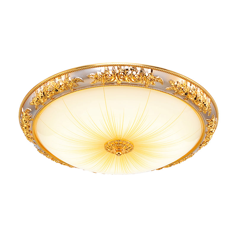 Bowl Living Room Flush Light Antique Opal Glass Gold 12.5"/19" W LED Flush Mounted Ceiling Light with Embossed Rose Trim Clearhalo 'Ceiling Lights' 'Close To Ceiling Lights' 'Close to ceiling' 'Flush mount' Lighting' 1272650