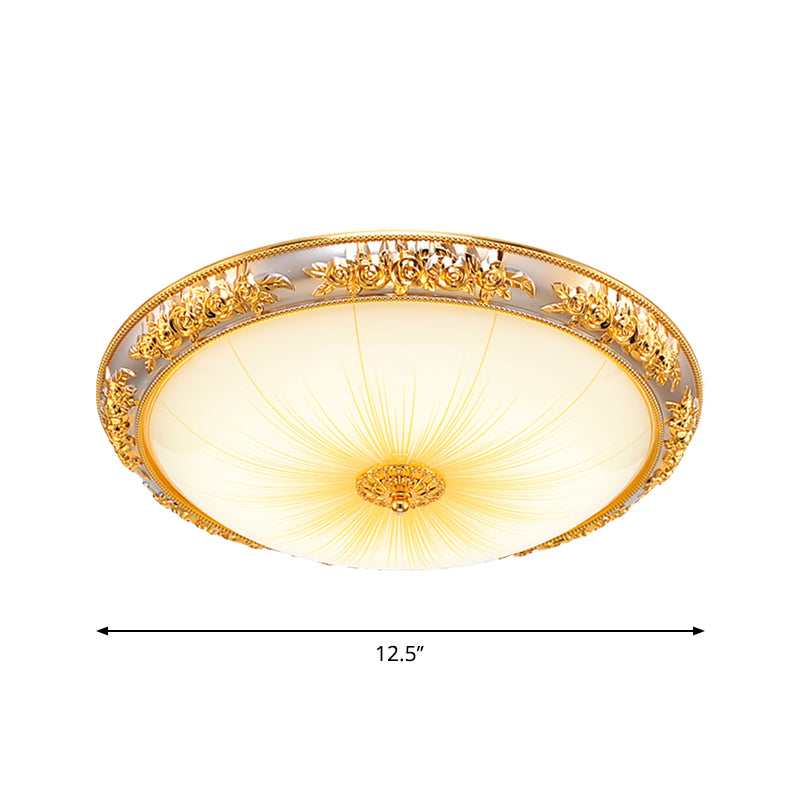 Bowl Living Room Flush Light Antique Opal Glass Gold 12.5"/19" W LED Flush Mounted Ceiling Light with Embossed Rose Trim Clearhalo 'Ceiling Lights' 'Close To Ceiling Lights' 'Close to ceiling' 'Flush mount' Lighting' 1272651