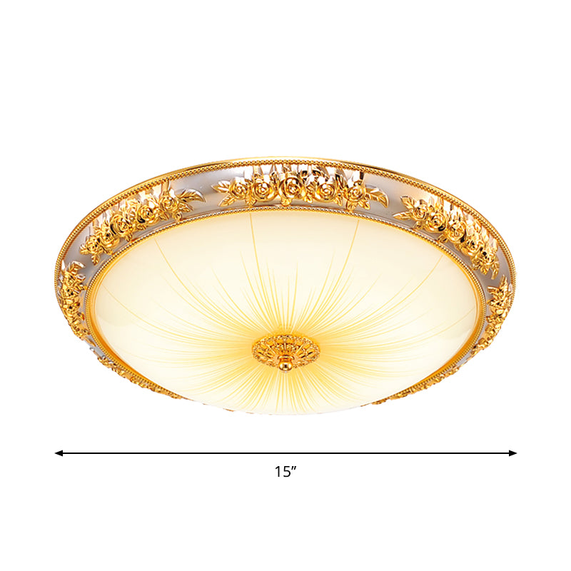 Bowl Living Room Flush Light Antique Opal Glass Gold 12.5"/19" W LED Flush Mounted Ceiling Light with Embossed Rose Trim Clearhalo 'Ceiling Lights' 'Close To Ceiling Lights' 'Close to ceiling' 'Flush mount' Lighting' 1272652