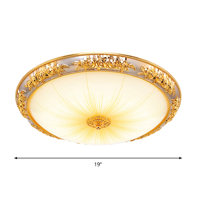 Bowl Living Room Flush Light Antique Opal Glass Gold 12.5"/19" W LED Flush Mounted Ceiling Light with Embossed Rose Trim Clearhalo 'Ceiling Lights' 'Close To Ceiling Lights' 'Close to ceiling' 'Flush mount' Lighting' 1272653