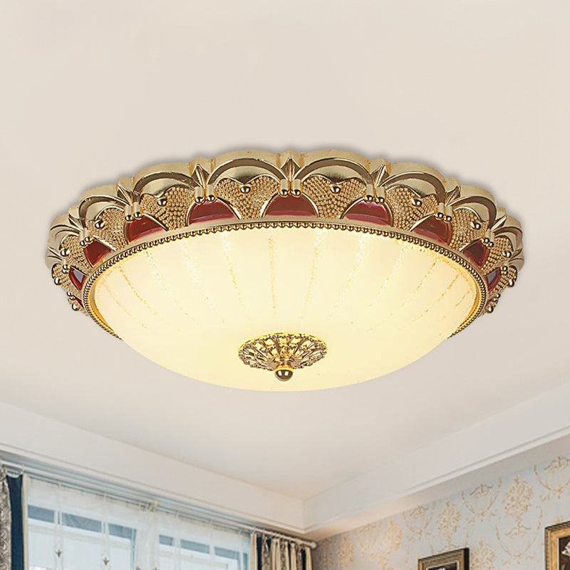 Scalloped Bowl LED Ceiling Lamp Traditional Brass Frosted White Glass Flush Mount Fixture, 12"/16" Dia Brass Clearhalo 'Ceiling Lights' 'Close To Ceiling Lights' 'Close to ceiling' 'Flush mount' Lighting' 1272654