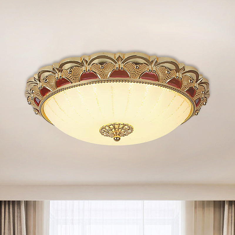 Scalloped Bowl LED Ceiling Lamp Traditional Brass Frosted White Glass Flush Mount Fixture, 12"/16" Dia Clearhalo 'Ceiling Lights' 'Close To Ceiling Lights' 'Close to ceiling' 'Flush mount' Lighting' 1272655