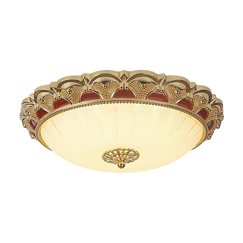 Scalloped Bowl LED Ceiling Lamp Traditional Brass Frosted White Glass Flush Mount Fixture, 12"/16" Dia Clearhalo 'Ceiling Lights' 'Close To Ceiling Lights' 'Close to ceiling' 'Flush mount' Lighting' 1272656