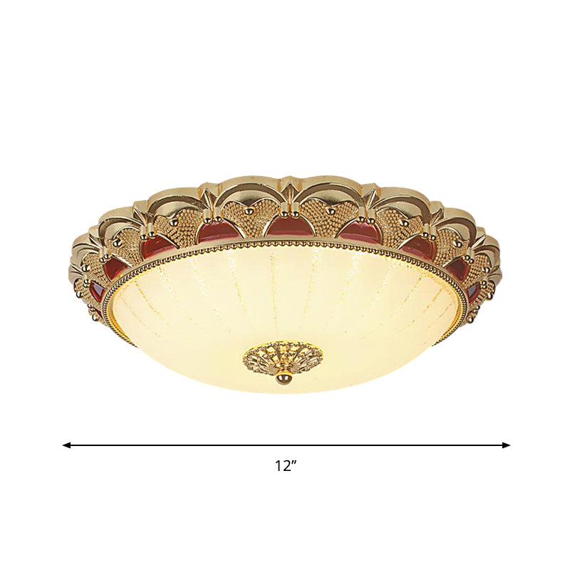 Scalloped Bowl LED Ceiling Lamp Traditional Brass Frosted White Glass Flush Mount Fixture, 12"/16" Dia Clearhalo 'Ceiling Lights' 'Close To Ceiling Lights' 'Close to ceiling' 'Flush mount' Lighting' 1272657