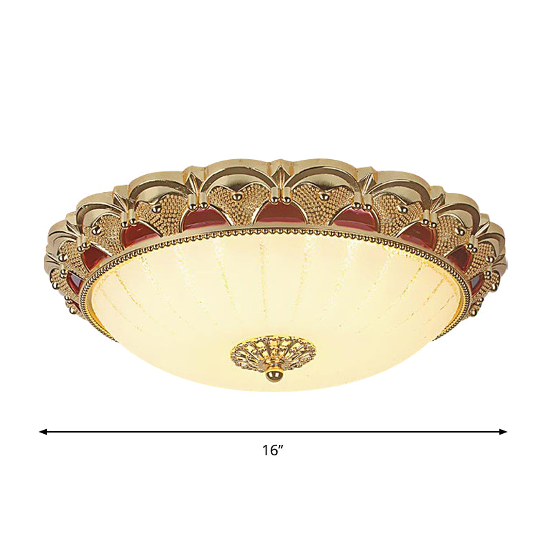 Scalloped Bowl LED Ceiling Lamp Traditional Brass Frosted White Glass Flush Mount Fixture, 12"/16" Dia Clearhalo 'Ceiling Lights' 'Close To Ceiling Lights' 'Close to ceiling' 'Flush mount' Lighting' 1272658