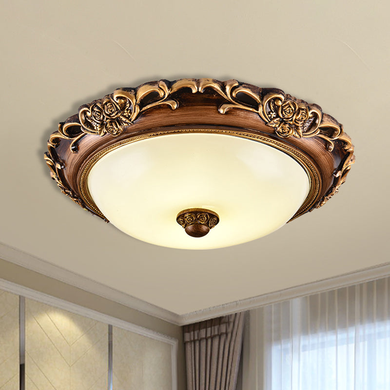 Dome Bedroom Flush Mounted Light Antique Milk Glass Brown LED Close to Ceiling Lamp, 14"/16"/19.5" Dia Clearhalo 'Ceiling Lights' 'Close To Ceiling Lights' 'Close to ceiling' 'Flush mount' Lighting' 1272689