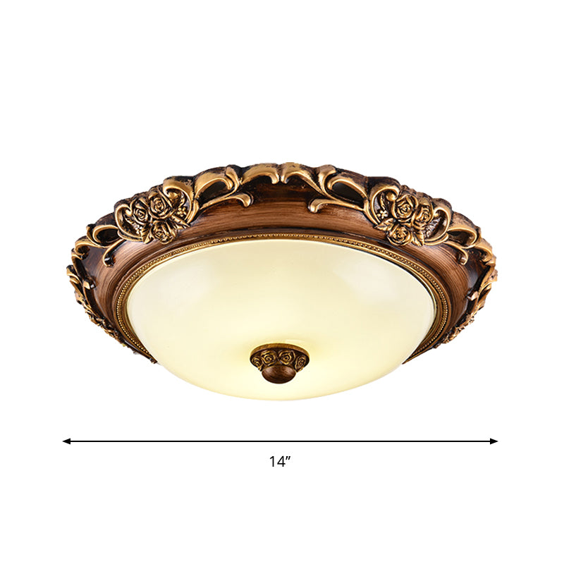 Dome Bedroom Flush Mounted Light Antique Milk Glass Brown LED Close to Ceiling Lamp, 14"/16"/19.5" Dia Clearhalo 'Ceiling Lights' 'Close To Ceiling Lights' 'Close to ceiling' 'Flush mount' Lighting' 1272691