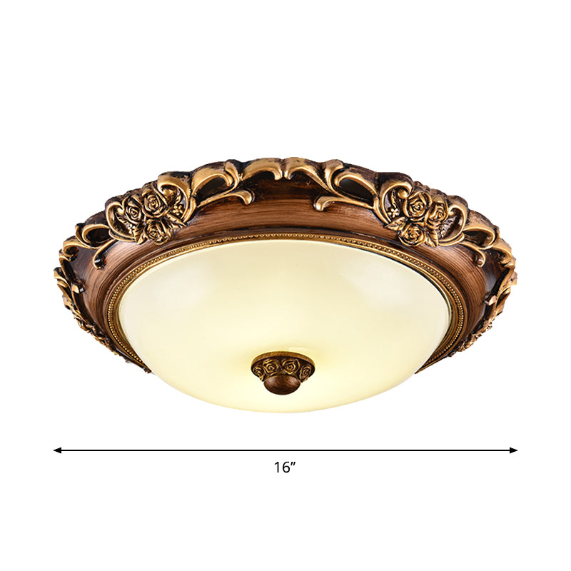 Dome Bedroom Flush Mounted Light Antique Milk Glass Brown LED Close to Ceiling Lamp, 14"/16"/19.5" Dia Clearhalo 'Ceiling Lights' 'Close To Ceiling Lights' 'Close to ceiling' 'Flush mount' Lighting' 1272692