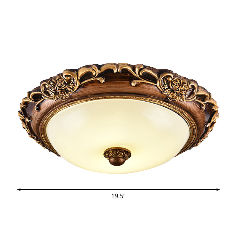 Dome Bedroom Flush Mounted Light Antique Milk Glass Brown LED Close to Ceiling Lamp, 14"/16"/19.5" Dia Clearhalo 'Ceiling Lights' 'Close To Ceiling Lights' 'Close to ceiling' 'Flush mount' Lighting' 1272693