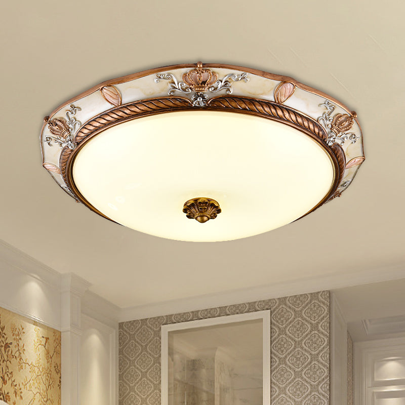 Brown Cap Shaped Ceiling Flushmount Lamp Antiqued Milk Glass Living Room LED Flush Mount Fixture, 14"/16"/19.5" Wide Brown Clearhalo 'Ceiling Lights' 'Close To Ceiling Lights' 'Close to ceiling' 'Flush mount' Lighting' 1272706