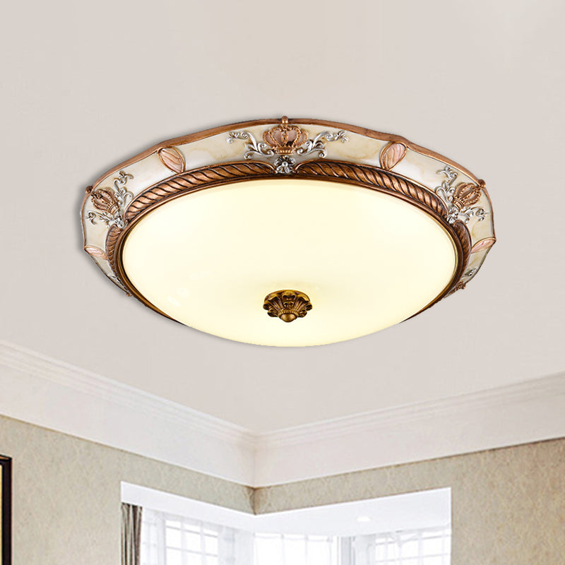 Brown Cap Shaped Ceiling Flushmount Lamp Antiqued Milk Glass Living Room LED Flush Mount Fixture, 14"/16"/19.5" Wide Clearhalo 'Ceiling Lights' 'Close To Ceiling Lights' 'Close to ceiling' 'Flush mount' Lighting' 1272707