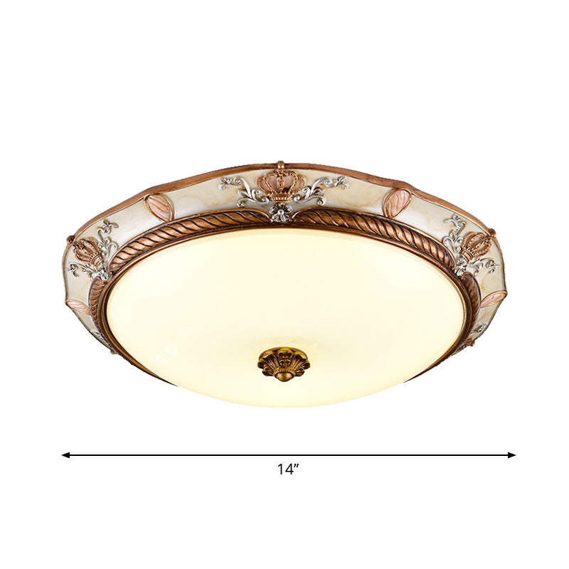 Brown Cap Shaped Ceiling Flushmount Lamp Antiqued Milk Glass Living Room LED Flush Mount Fixture, 14"/16"/19.5" Wide Clearhalo 'Ceiling Lights' 'Close To Ceiling Lights' 'Close to ceiling' 'Flush mount' Lighting' 1272709