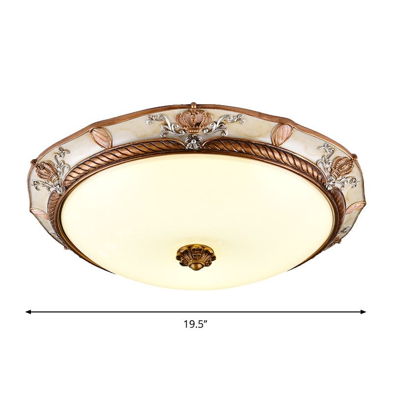 Brown Cap Shaped Ceiling Flushmount Lamp Antiqued Milk Glass Living Room LED Flush Mount Fixture, 14"/16"/19.5" Wide Clearhalo 'Ceiling Lights' 'Close To Ceiling Lights' 'Close to ceiling' 'Flush mount' Lighting' 1272711