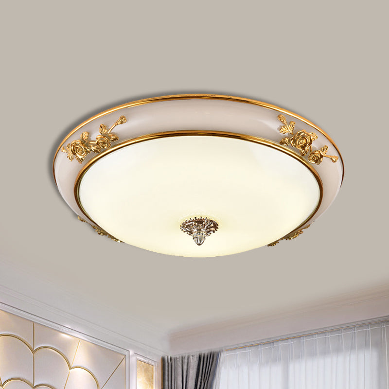 Bowl Shaped LED Flush Light Fixture Minimalist Brass Opaline Glass Ceiling Lamp, 14"/16"/19.5" Wide Clearhalo 'Ceiling Lights' 'Close To Ceiling Lights' 'Close to ceiling' 'Flush mount' Lighting' 1272729