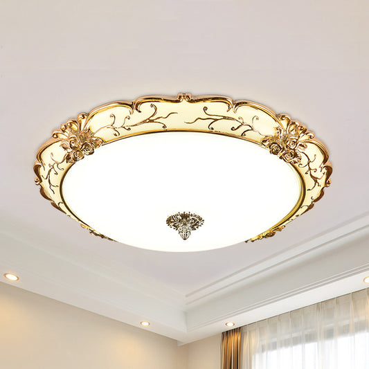 Scroll Floral Trim Opal Glass Flushmount Vintage Bedroom 14"/16"/19.5" Wide LED Flush Ceiling Light in Brass Brass Clearhalo 'Ceiling Lights' 'Close To Ceiling Lights' 'Close to ceiling' 'Flush mount' Lighting' 1272734