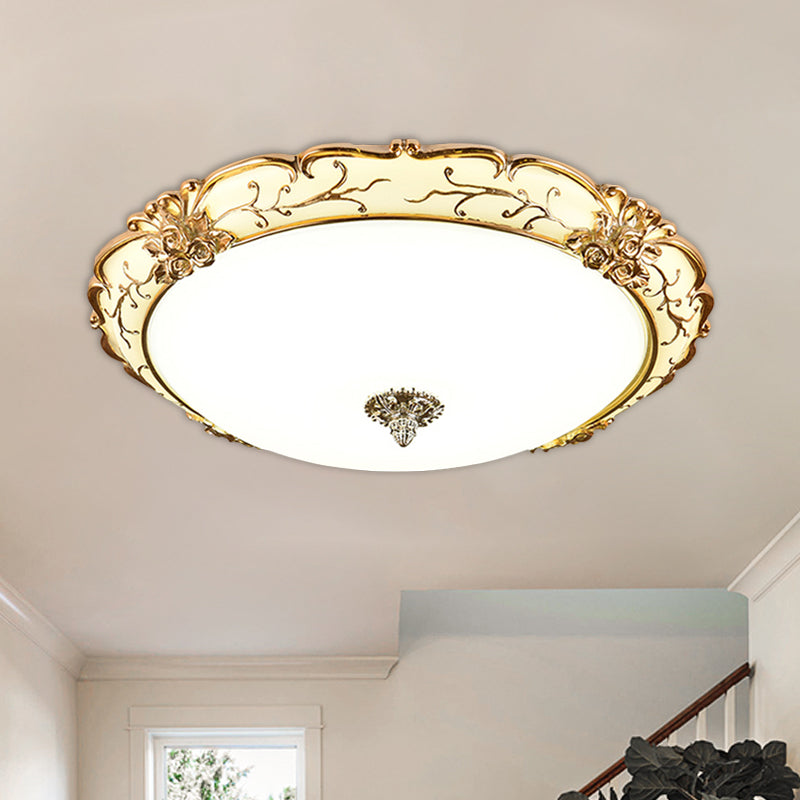 Scroll Floral Trim Opal Glass Flushmount Vintage Bedroom 14"/16"/19.5" Wide LED Flush Ceiling Light in Brass Clearhalo 'Ceiling Lights' 'Close To Ceiling Lights' 'Close to ceiling' 'Flush mount' Lighting' 1272735