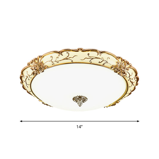 Scroll Floral Trim Opal Glass Flushmount Vintage Bedroom 14"/16"/19.5" Wide LED Flush Ceiling Light in Brass Clearhalo 'Ceiling Lights' 'Close To Ceiling Lights' 'Close to ceiling' 'Flush mount' Lighting' 1272737