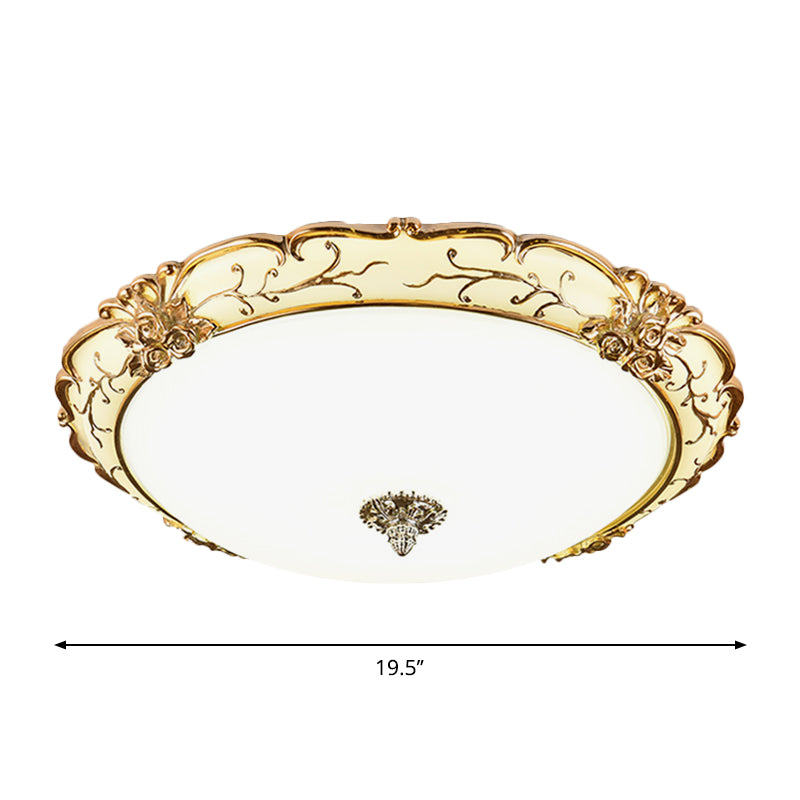 Scroll Floral Trim Opal Glass Flushmount Vintage Bedroom 14"/16"/19.5" Wide LED Flush Ceiling Light in Brass Clearhalo 'Ceiling Lights' 'Close To Ceiling Lights' 'Close to ceiling' 'Flush mount' Lighting' 1272739