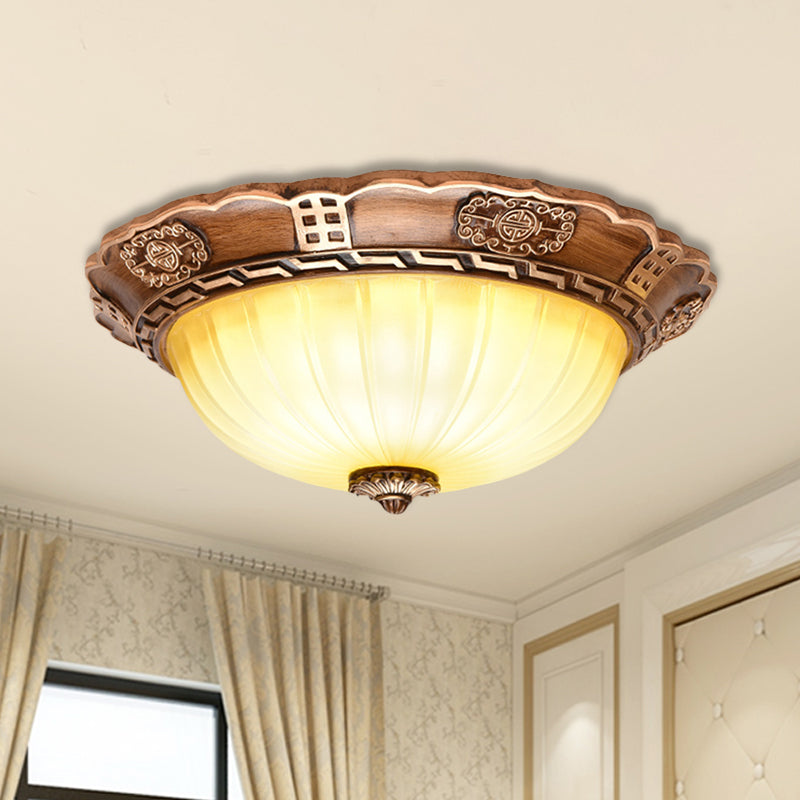 Milky Glass LED Ceiling Flush Mount Antiqued Brown Scalloped-Edge Bowl Hallway Flush Light, 14"/16"/19.5" W Clearhalo 'Ceiling Lights' 'Close To Ceiling Lights' 'Close to ceiling' 'Flush mount' Lighting' 1272763