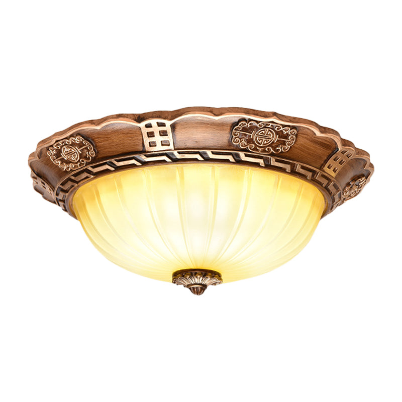 Milky Glass LED Ceiling Flush Mount Antiqued Brown Scalloped-Edge Bowl Hallway Flush Light, 14"/16"/19.5" W Clearhalo 'Ceiling Lights' 'Close To Ceiling Lights' 'Close to ceiling' 'Flush mount' Lighting' 1272764