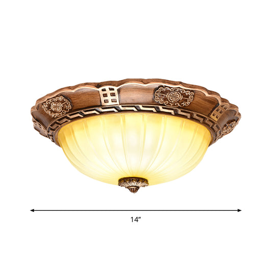 Milky Glass LED Ceiling Flush Mount Antiqued Brown Scalloped-Edge Bowl Hallway Flush Light, 14"/16"/19.5" W Clearhalo 'Ceiling Lights' 'Close To Ceiling Lights' 'Close to ceiling' 'Flush mount' Lighting' 1272765