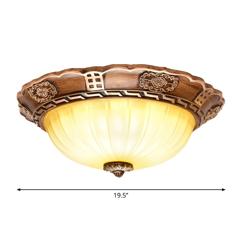 Milky Glass LED Ceiling Flush Mount Antiqued Brown Scalloped-Edge Bowl Hallway Flush Light, 14"/16"/19.5" W Clearhalo 'Ceiling Lights' 'Close To Ceiling Lights' 'Close to ceiling' 'Flush mount' Lighting' 1272767