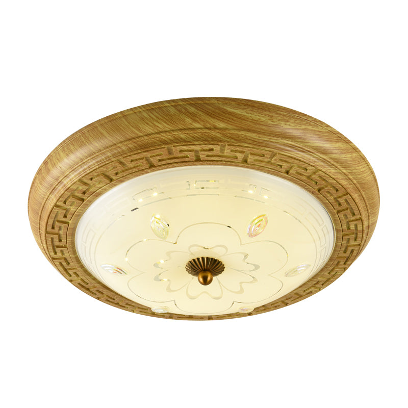 Wooden LED Flushmount Lighting Simple Yellow-Brown Circle Bedroom Ceiling Light with Dome Glass Shade, 14"/19.5" W Clearhalo 'Ceiling Lights' 'Close To Ceiling Lights' 'Close to ceiling' 'Flush mount' Lighting' 1272782